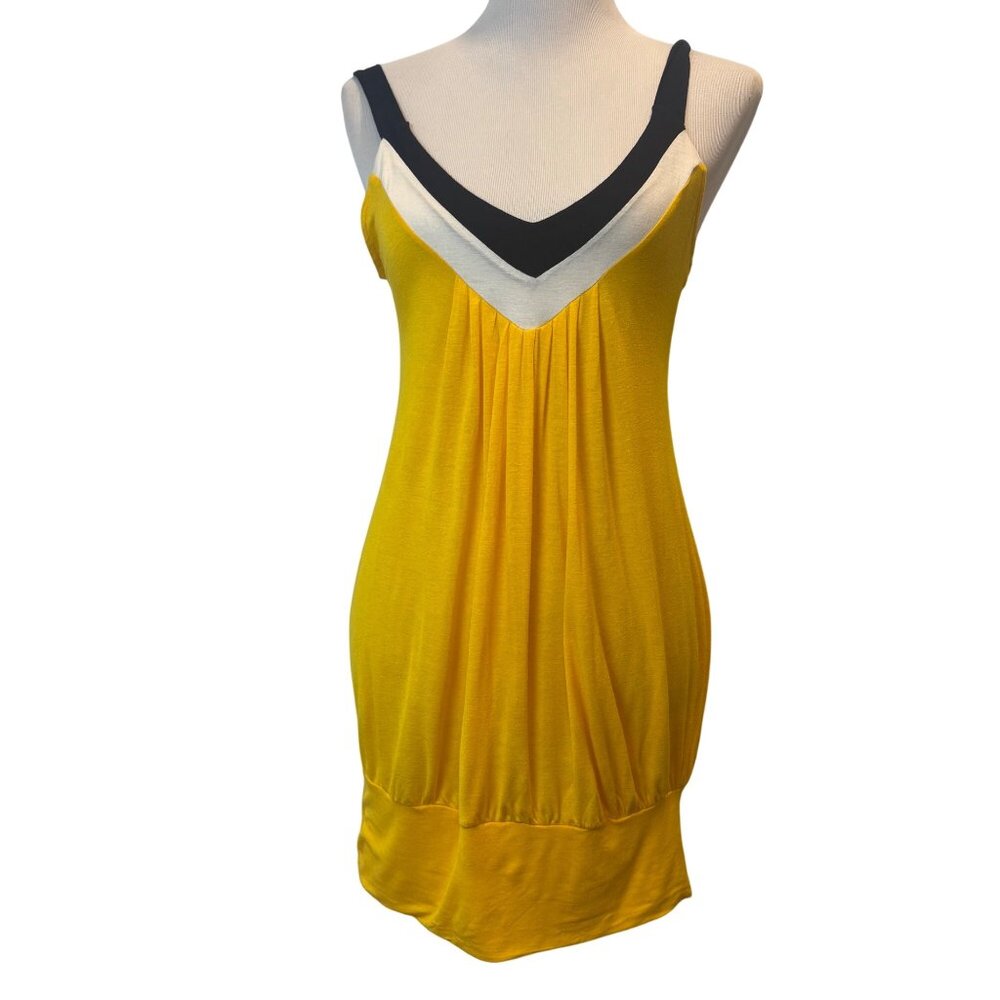 American Dream Yellow Black Sleeveless Colorblock Womens Large Dress Mod 70s